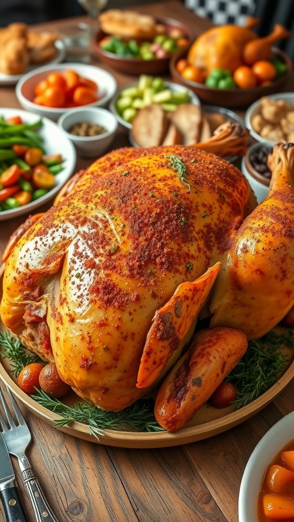 A roasted turkey with a spicy Cajun rub, surrounded by side dishes on a rustic table.